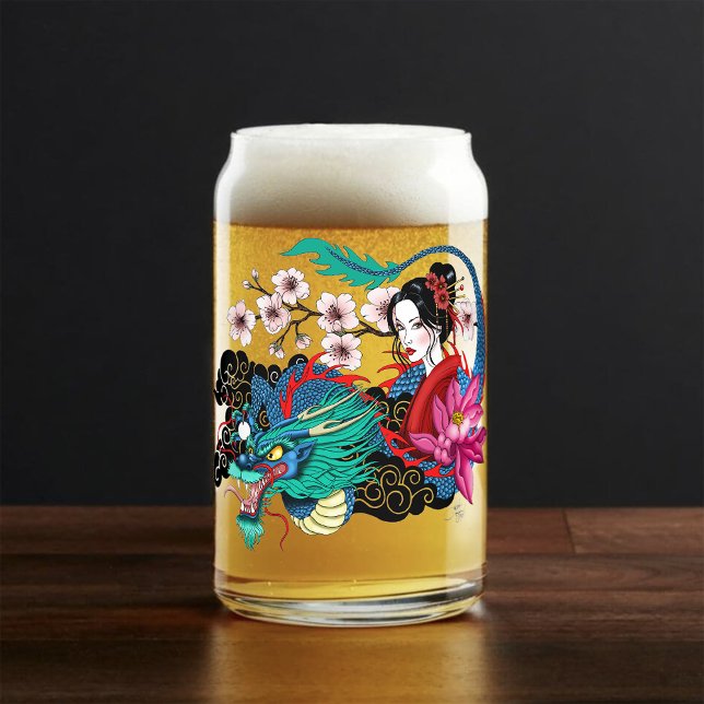 Asian Geisha Dragon Cherry Blossoms Blue Can Glass (Creator Uploaded)