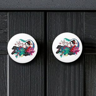 Asian Geisha Dragon Cherry Blossoms Blue Ceramic Knob