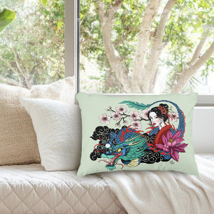 Asian Geisha Dragon Cherry Blossoms Blue Decorative Cushion