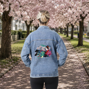 Asian Geisha Dragon Cherry Blossoms Blue Denim Jacket
