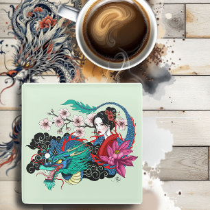 Asian Geisha Dragon Cherry Blossoms Blue Glass Coaster