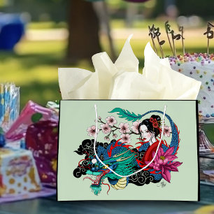 Asian Geisha Dragon Cherry Blossoms Blue Large Gift Bag