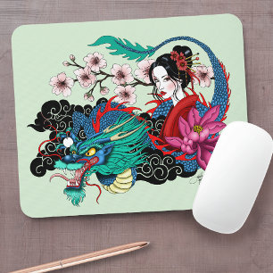 Asian Geisha Dragon Cherry Blossoms Blue Mouse Mat