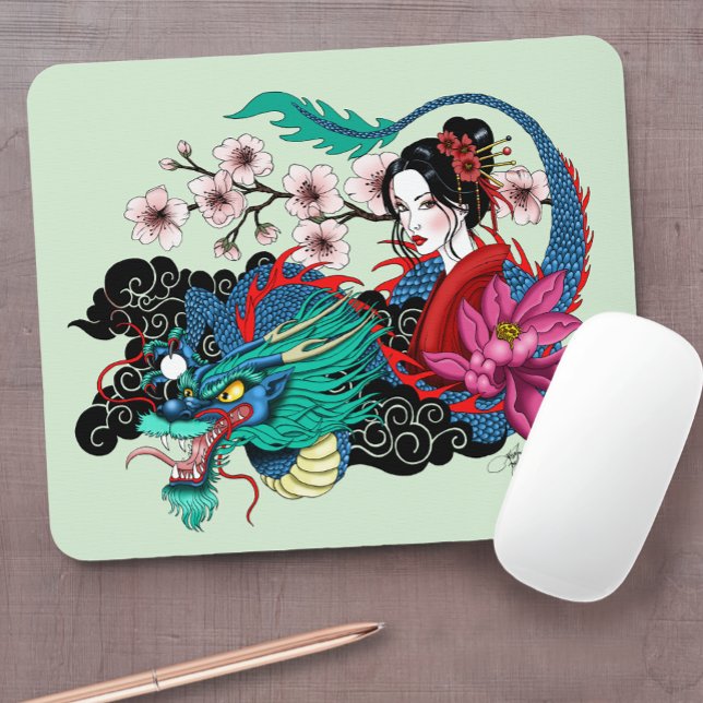 Asian Geisha Dragon Cherry Blossoms Blue Mouse Mat (Creator Uploaded)