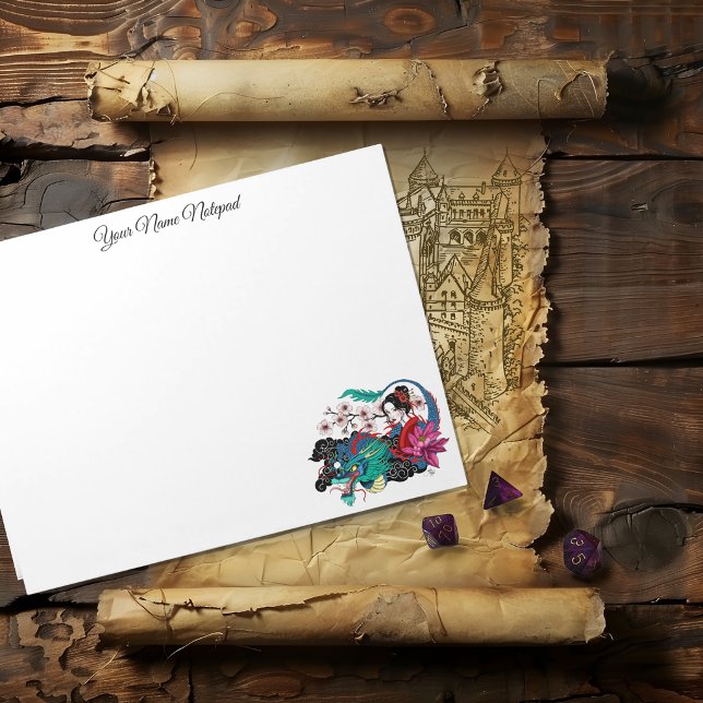 Asian Geisha Dragon Cherry Blossoms Blue Notepad (Creator Uploaded)