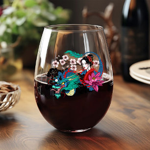 Asian Geisha Dragon Cherry Blossoms Blue Stemless Wine Glass