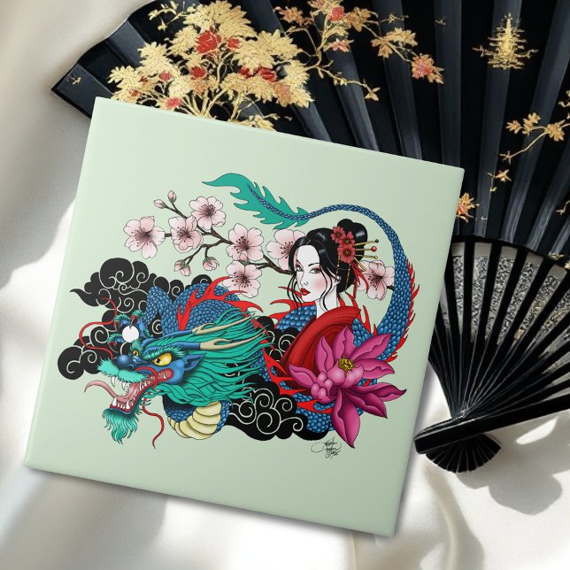 Asian Geisha Dragon Cherry Blossoms Blue Tile (Creator Uploaded)