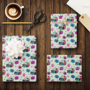 Asian Geisha Dragon Cherry Blossoms Blue Wrapping Paper Sheet