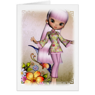 Asian Girl Beautiful Flowers Design 4 Card