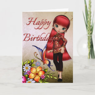 Asian Girl Beautiful Flowers Happy Birthday Card 1