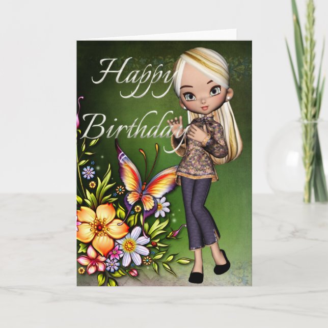 Asian Girl Beautiful Flowers Happy Birthday Card 4 (Front)