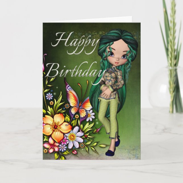Asian Girl Beautiful Flowers Happy Birthday Card 5 (Front)
