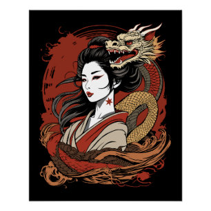 Asian Girl Chinese Dragon Poster