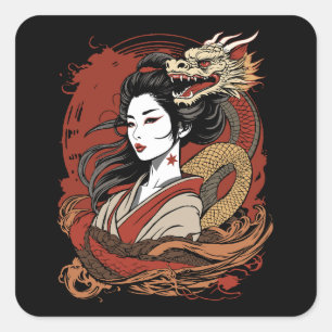 Asian Girl   Chinese Dragon Square Sticker