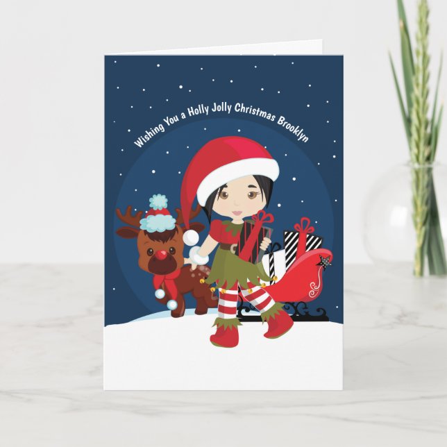 Asian Girl Elf Holiday Card (Front)