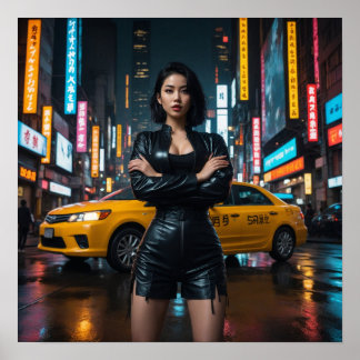 Asian Girl in Night City Landscape Poster