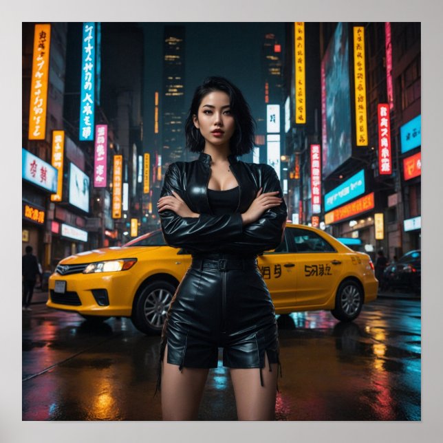 Asian Girl in Night City Landscape Poster (Front)