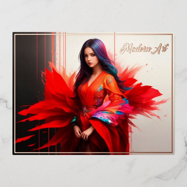 Asian girl kimono blood bright abstract fashion foil holiday postcard (Front)