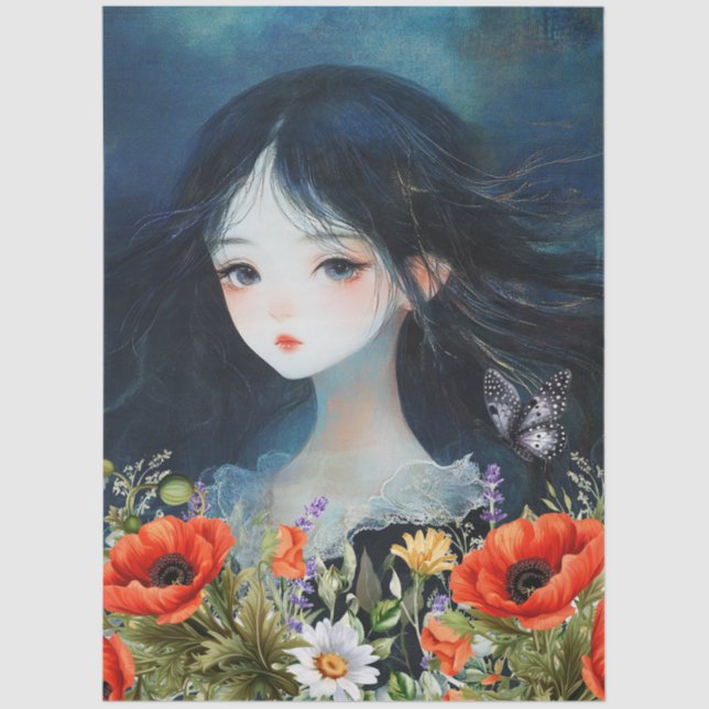 Asian Girl Wildflowers & Red Poppies Abstract Art  Tissue Paper (Front)