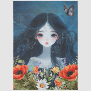 Asian Girl Wildflowers & Red Poppies Abstract Art  Tissue Paper