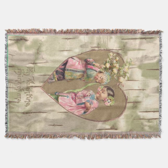Asian Girls Vintage Valentine Postcard Throw Blanket (Front)
