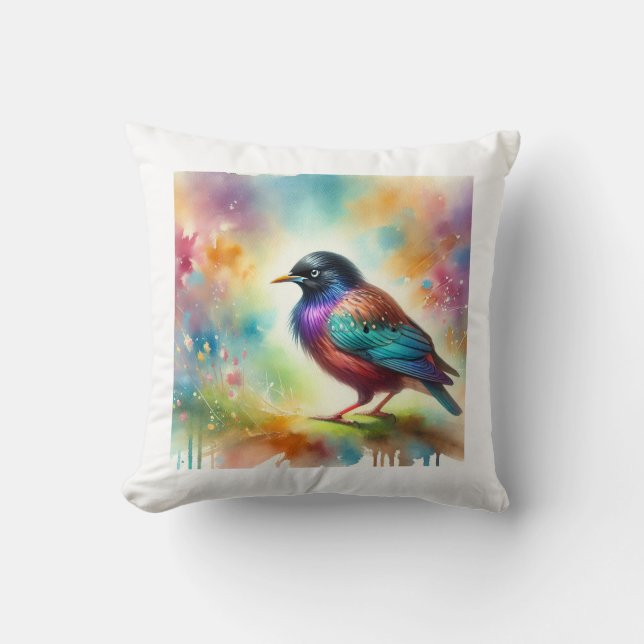 Asian glossy starling 050824AREF145 - Watercolor Cushion (Front)