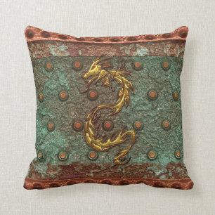 Asian Gold Dragon on Corroded Metal-look Pillow