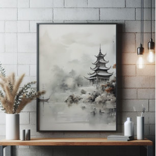 Asian House and Ship Ink Painting Photo Print