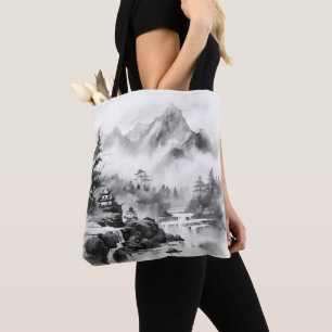 Asian House in Mountains Ink Painting Tote Bag