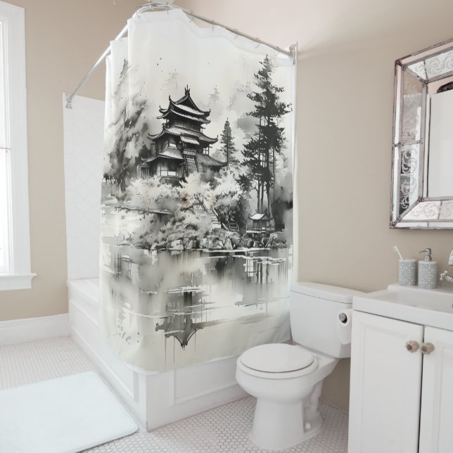 Asian House Ink Painting Shower Curtain (In Situ)