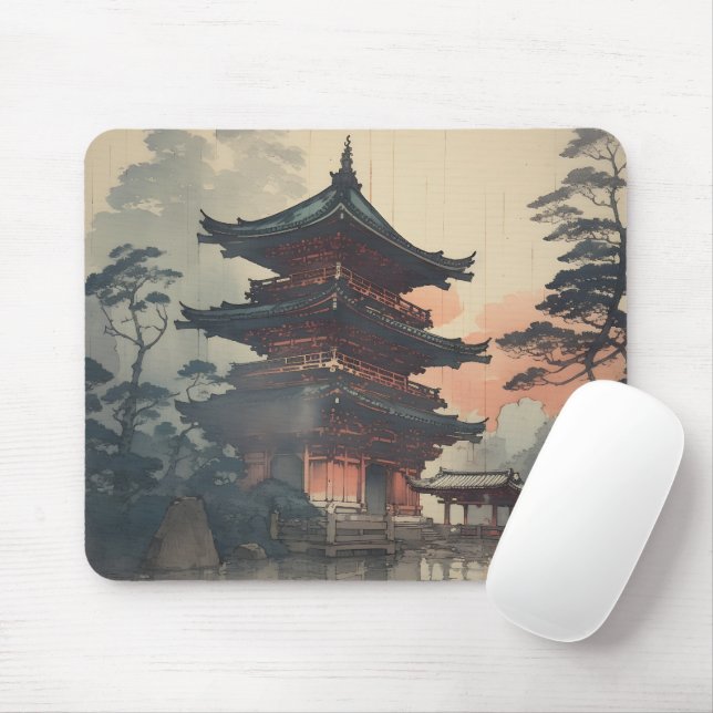 Asian House Woodblock Art Mouse Mat (With Mouse)