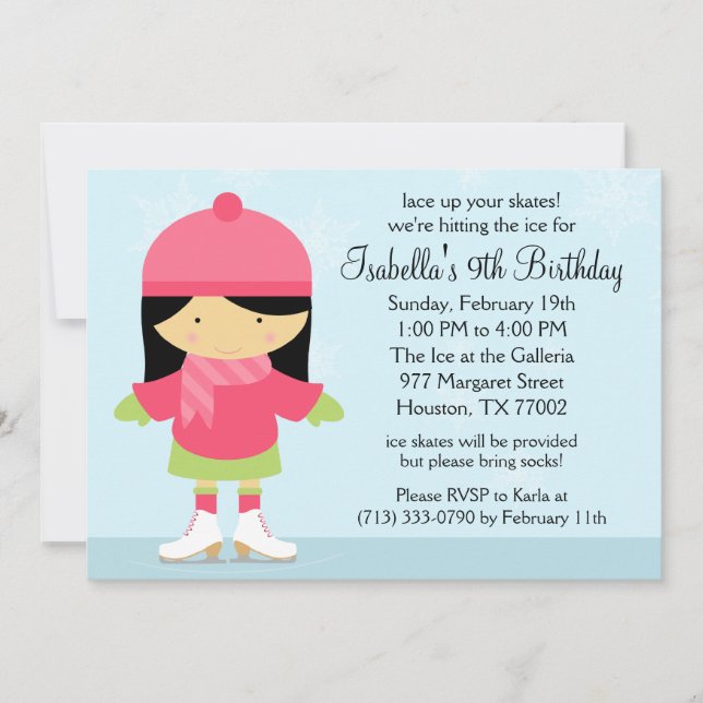 Asian Ice Skating Birthday Party Invitation (Front)