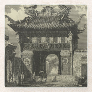 Asian Imperial Temple in Black & White Glass Coaster