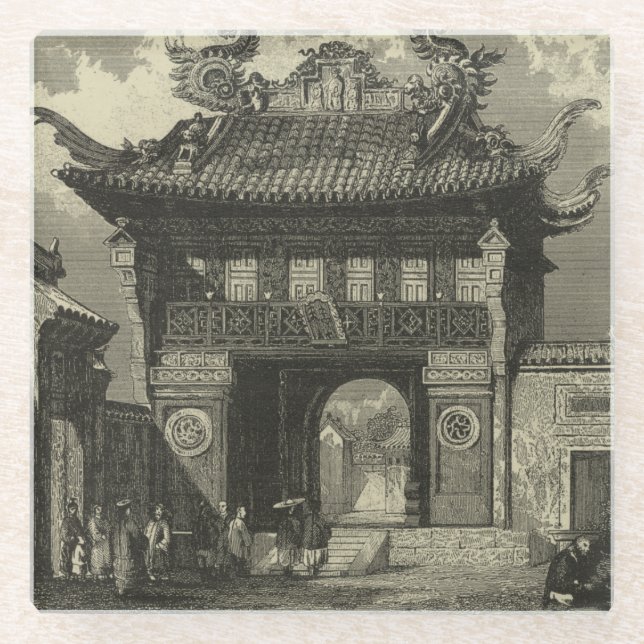 Asian Imperial Temple in Black & White Glass Coaster (Front)
