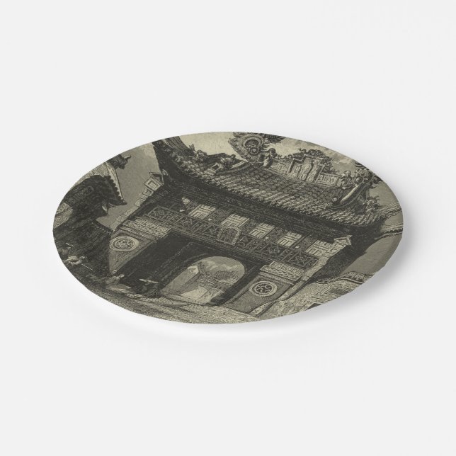 Asian Imperial Temple in Black & White Paper Plate (Angled)