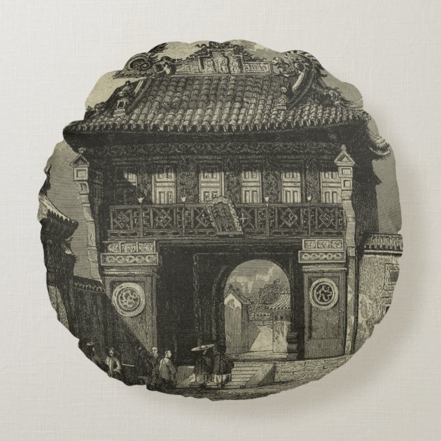 Asian Imperial Temple in Black & White Round Cushion (Front)