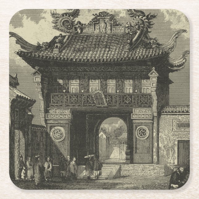 Asian Imperial Temple in Black & White Square Paper Coaster (Front)