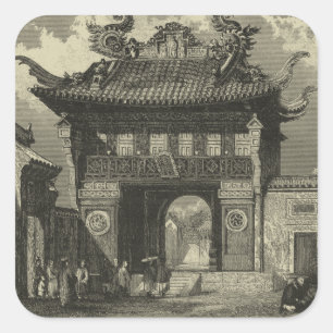 Asian Imperial Temple in Black & White Square Sticker