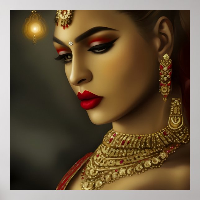 Asian Indian Beautiful woman Exotic red Jewel gems Poster (Front)