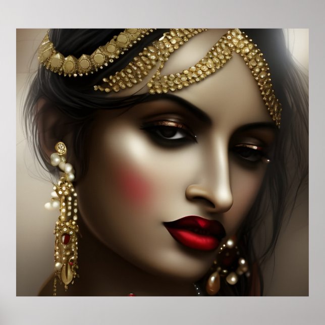 Asian Indian woman Red Lips gold glamourous Poster (Front)
