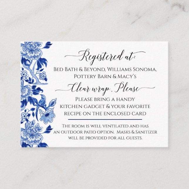 Asian Influence Blue White Floral Bridal Shower Enclosure Card (Front)