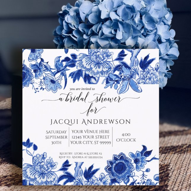 Asian Influence Blue White Floral Bridal Shower Invitation (Creator Uploaded)