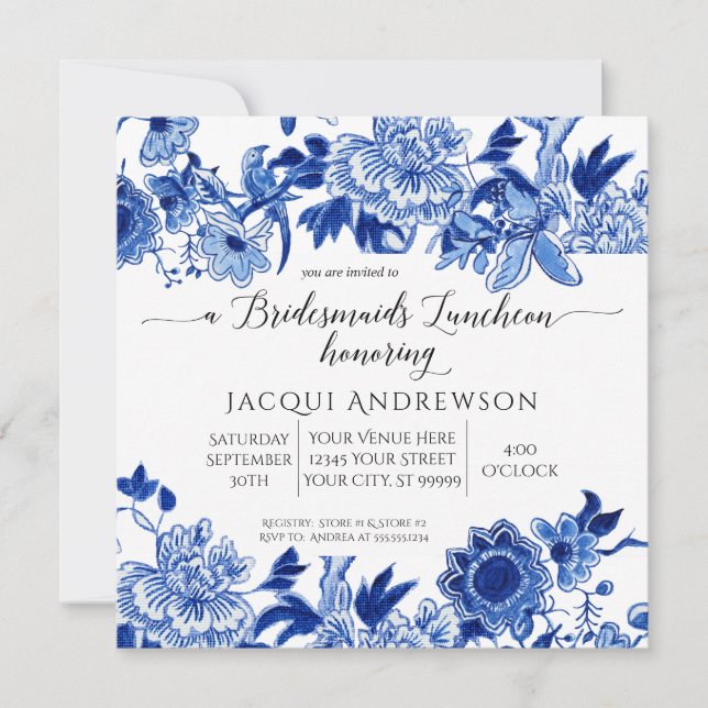 Asian Influence Blue White Floral Bridesmaids Invitation (Front)
