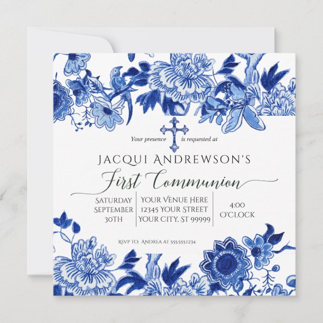 Asian Influence Blue White Floral First Communion  Invitation (Front)