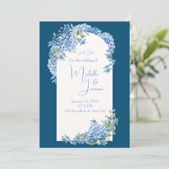 Asian Influence Blue White Floral Wedding  Invitation (Standing Front)
