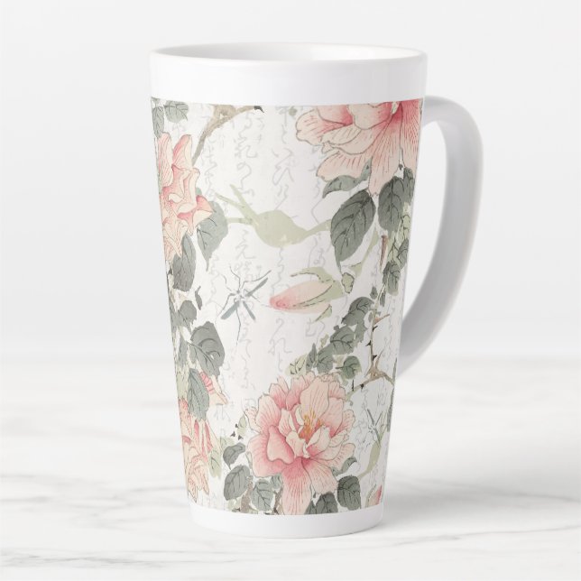 Asian Influence Blush Pink Peony Flowers Chinese Latte Mug (Right Angle)