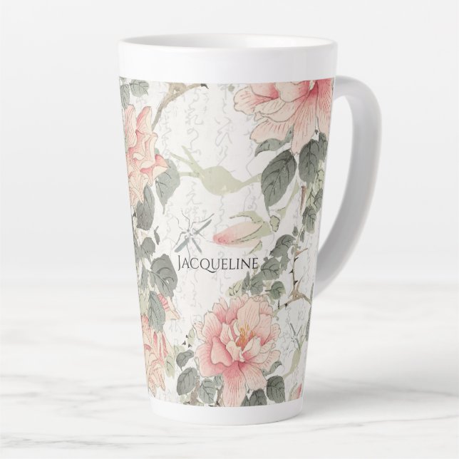 Asian Influence Blush Pink Peony Flowers Your Name Latte Mug (Right Angle)