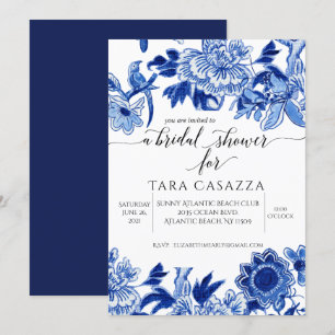 Asian Influence Floral Blue White Bridal Shower In Invitation