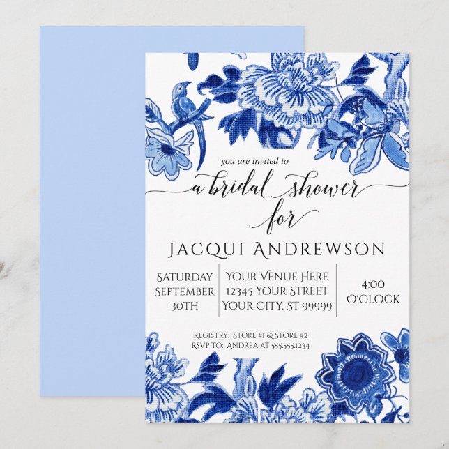 Asian Influence Light Blue Floral 3 Bridal Shower Invitation (Front/Back)
