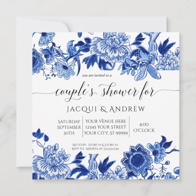Asian Influence Light Blue Floral Couples Shower Invitation (Front)